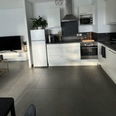 L’appartement T2 de 49 m2 à Huningue offre une belle cuisine équipée ouverte sur la pièce à vivre avec comme équipement frigo, four, plaques de cuisson, hotte et de nombreux rangements.