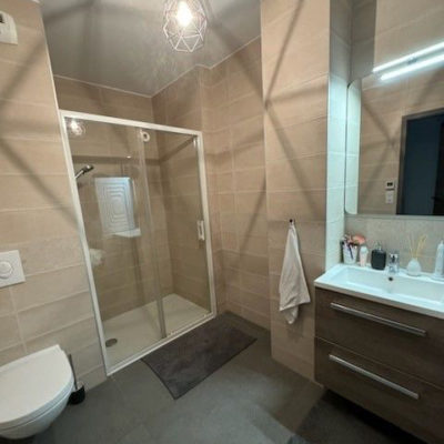 Avec cette location d’appartement 2 pièces à Huningue, bénéficiez du confort d’une salle de bain contemporaine avec douche et sanitaire.